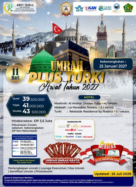 Paket Umroh Plus Turki Awal Tahun 2027 (11 Hari)